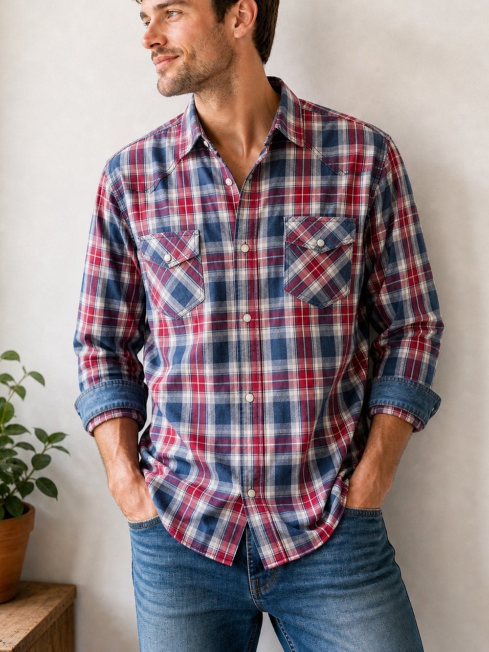 THREAD and CLOTH Pearl Snap Western Shirt Red Blue Plaid Cotton Mens L